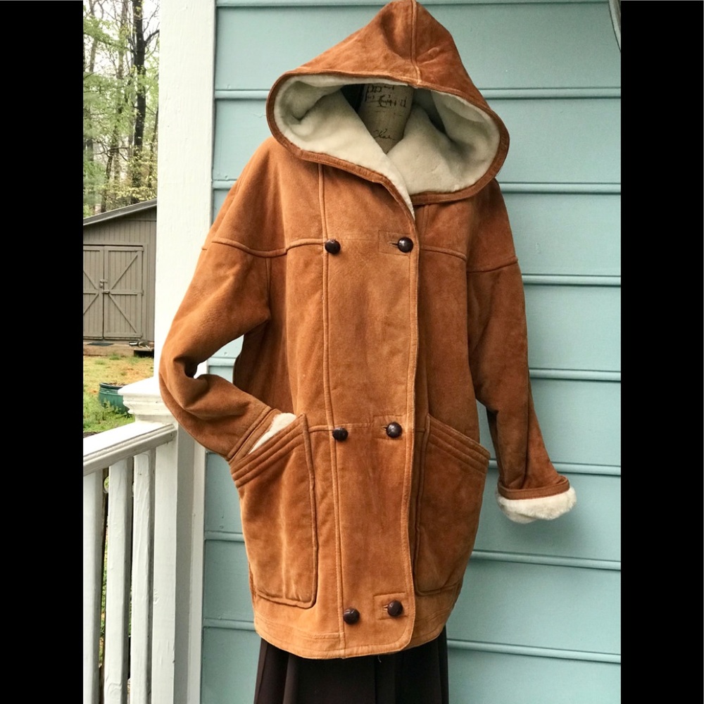 Hooded shearling fancy fur double breasted